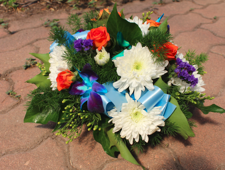 Floral arrangement that sat on top of the coffin.