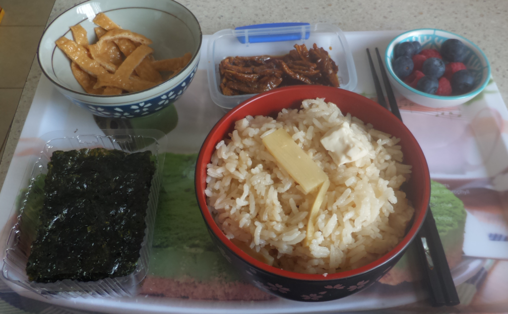 Bamboo-tofu rice with seasoned seaweed, aburaage and sweet and spicy crispy fish and blueberries on a tray